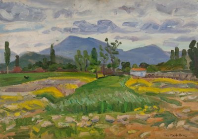 Makrinitsa Trees in Autumn — Oil painting, Fiberboard, 46.00×65.00cm — Theodoros Markellos